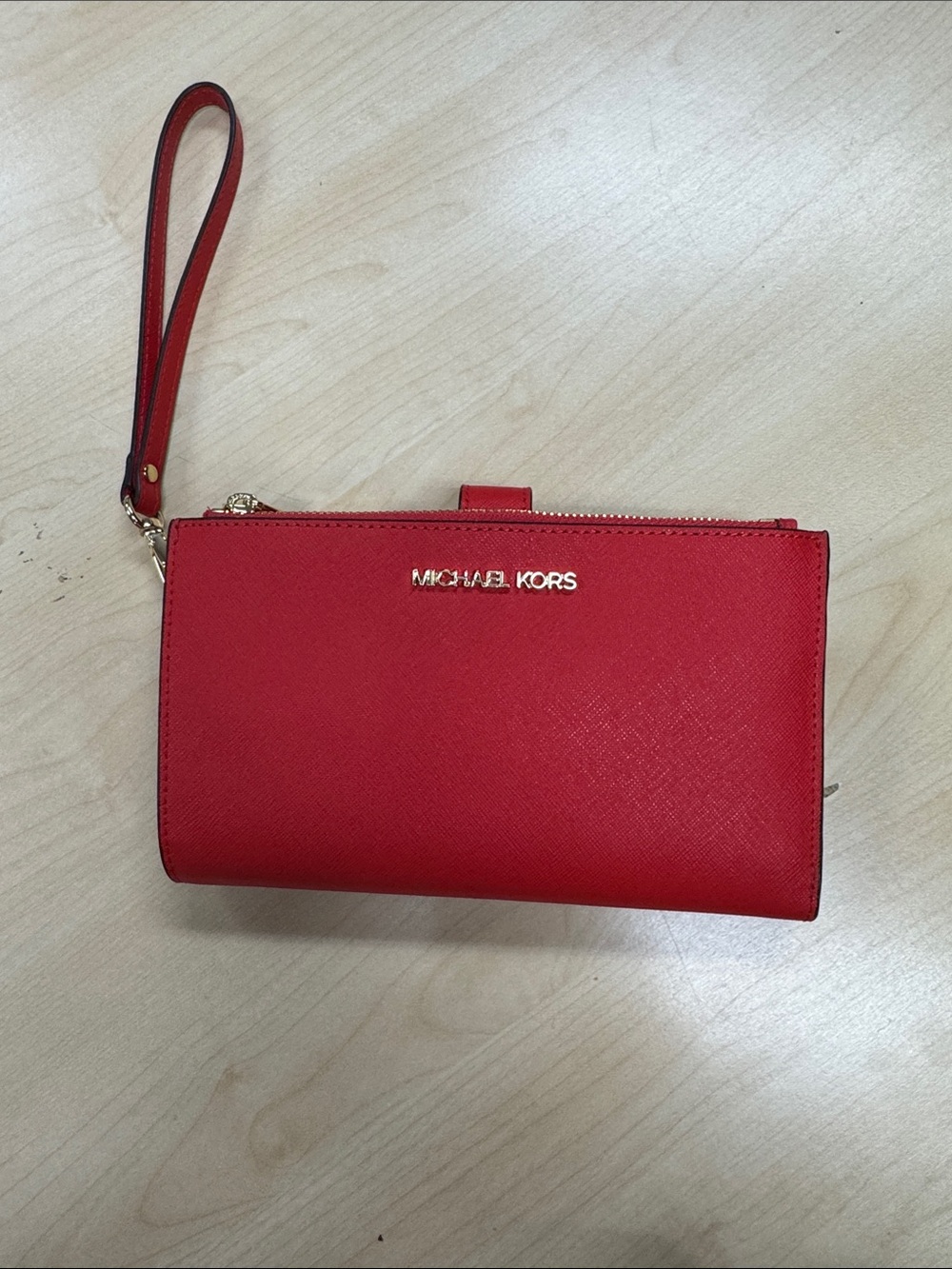 Michael Kors Red Saffiano Leather Wristlet Clutch with Gold Logo